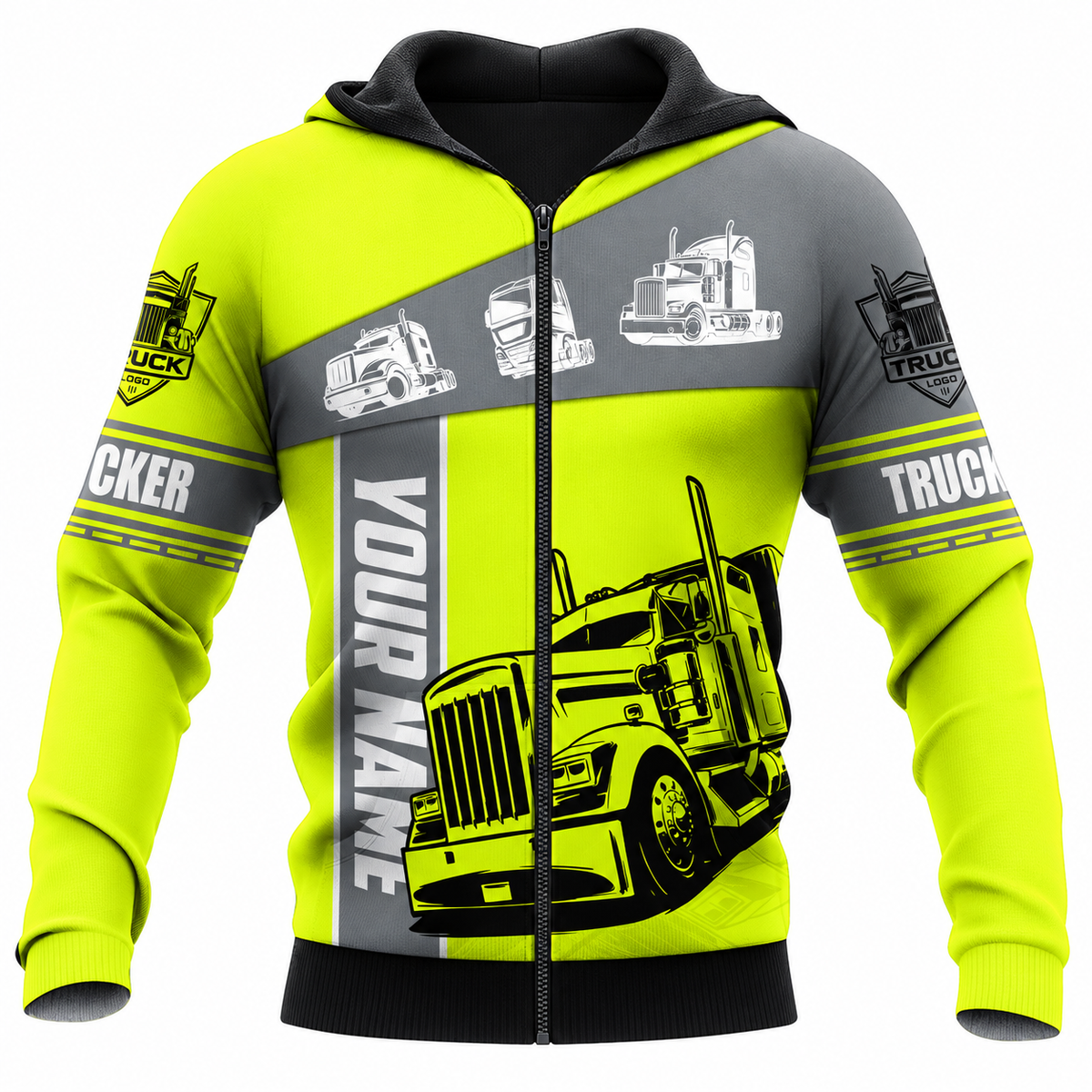 Personalized Trucker Hoodie & T-Shirt - Yellow Grey Semi Truck Panel – Zip Hoodie, front view