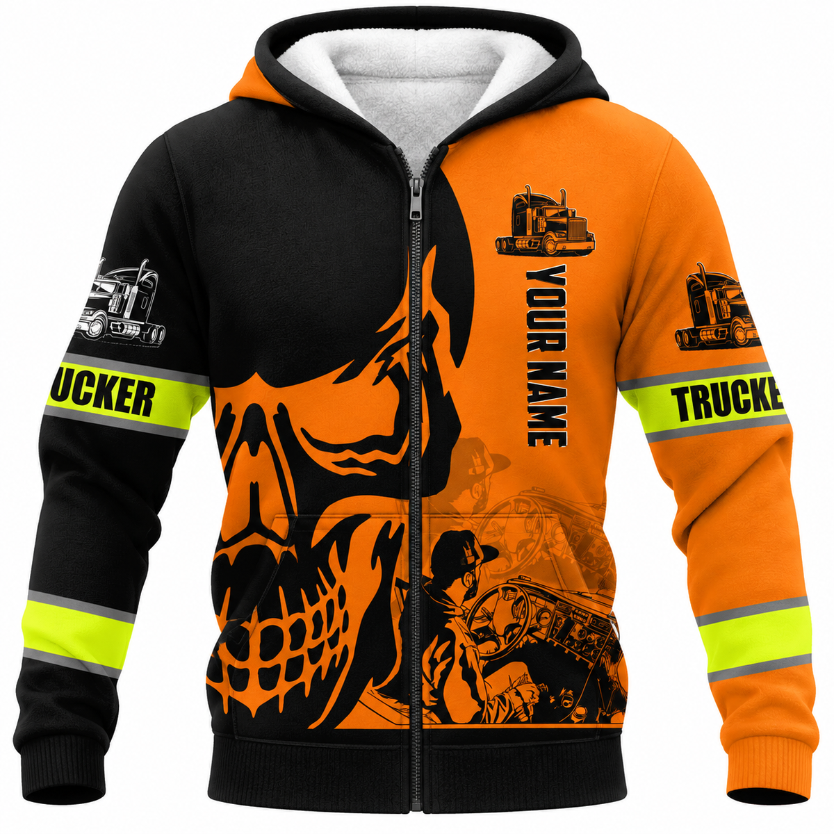 Personalized Trucker Hoodie & T-Shirt - Orange Black Trucker Skull – Fleece Zip Hoodie, front view