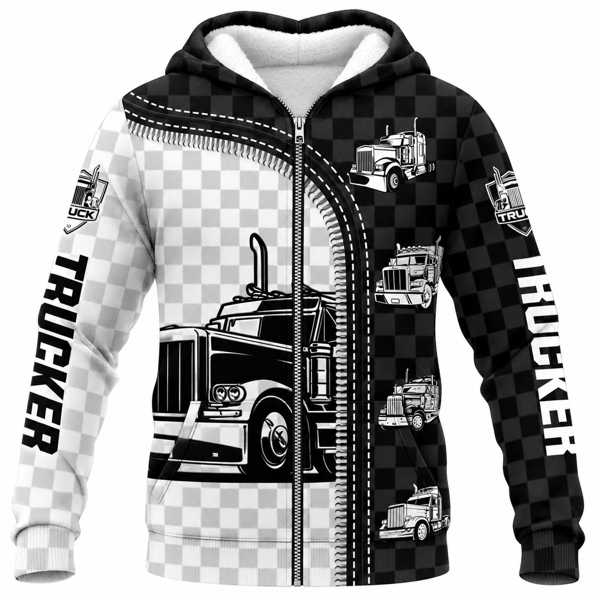 Personalized Trucker Hoodie & T-Shirt - Black White Checkered Semi Truck – Fleece Zip Hoodie, front view