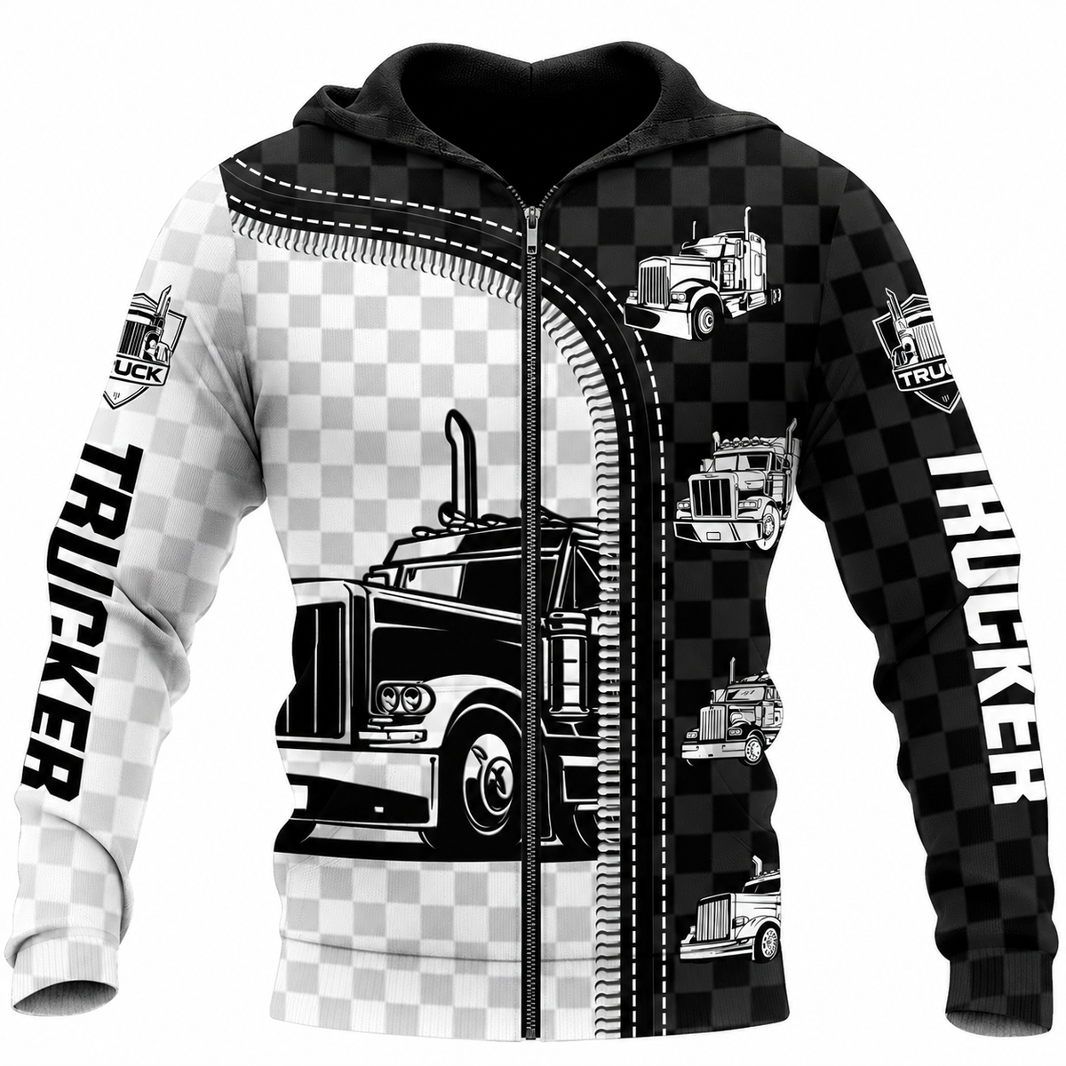 Personalized Trucker Hoodie & T-Shirt - Black White Checkered Semi Truck – Zip Hoodie, front view