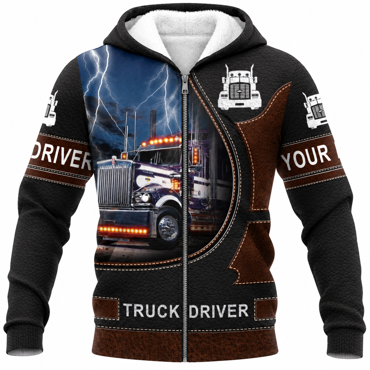 Personalized Trucker Hoodie & T-Shirt - Blue Lightning Truck Driver – Fleece Zip Hoodie, front view