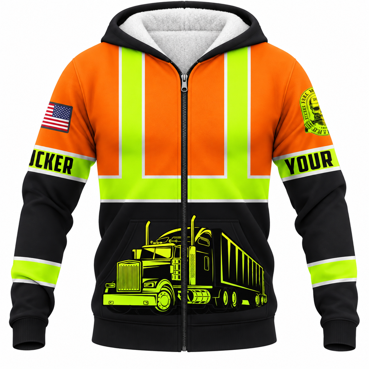 Personalized Trucker Hoodie & T-Shirt - Orange Black Stripe Semi Truck – Fleece Zip Hoodie, front view