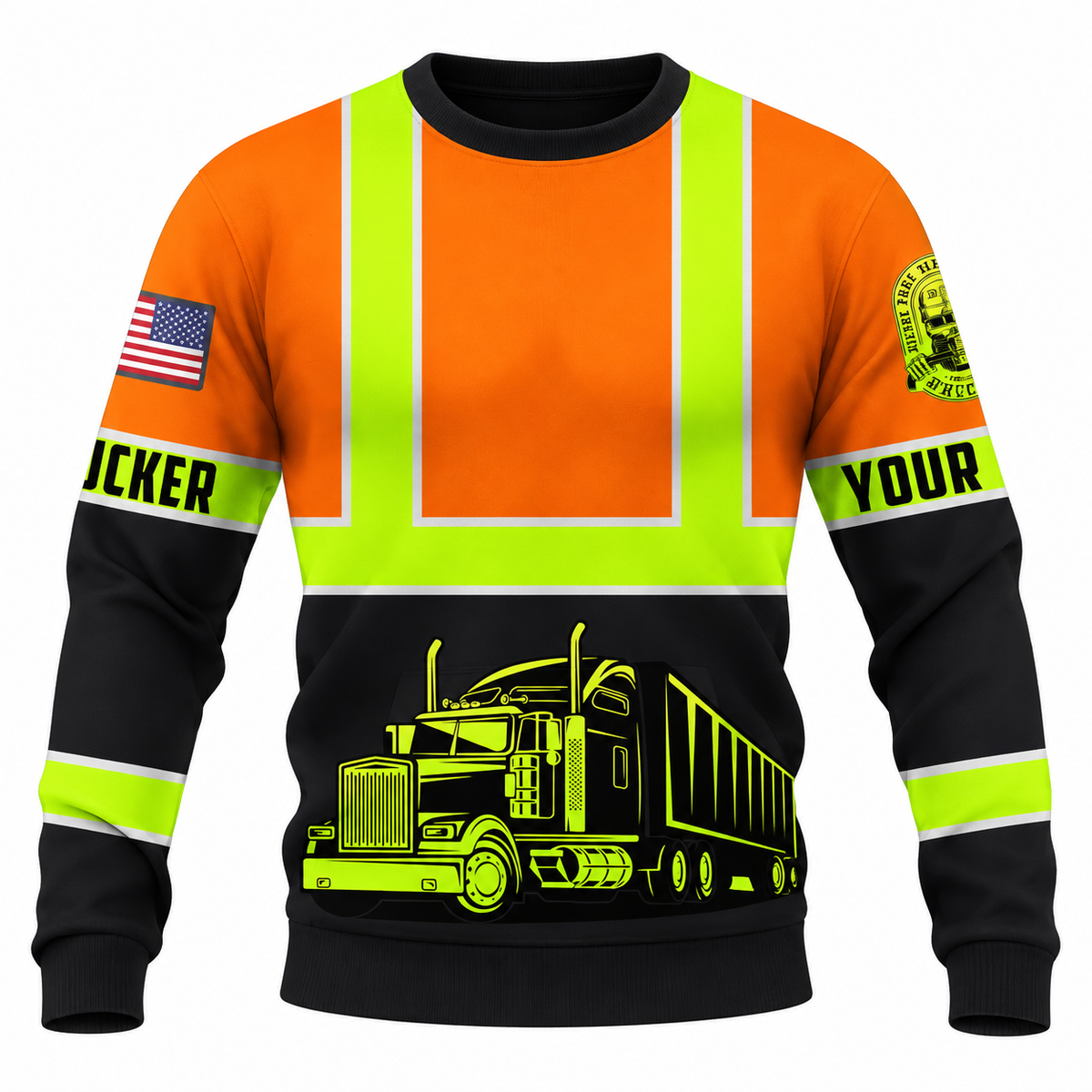 Personalized Trucker Hoodie & T-Shirt - Orange Black Stripe Semi Truck – Sweatshirt, front view