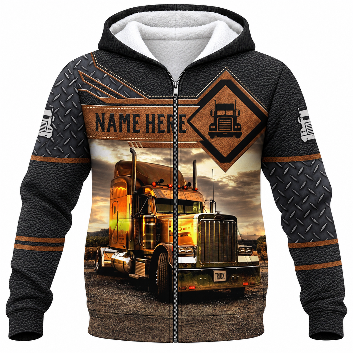 Personalized Trucker Hoodie & T-Shirt - Brown Diamond Panel Semi Truck – Fleece Zip Hoodie, front view