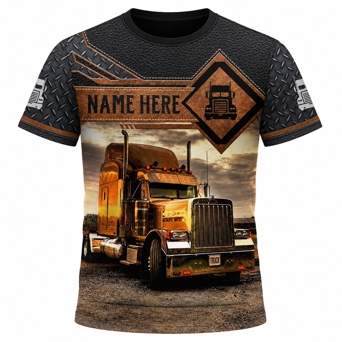 Personalized Trucker Hoodie & T-Shirt - Brown Diamond Panel Semi Truck – T-Shirt, front view