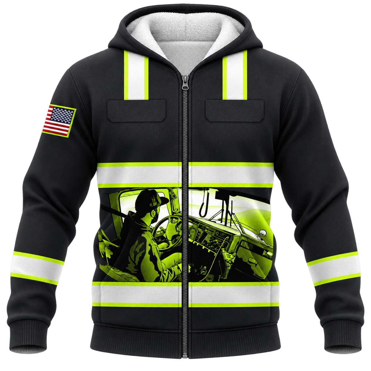 Personalized Trucker Hoodie & T-Shirt - Black And Yellow Truck Driver Print – Fleece Zip Hoodie, front view