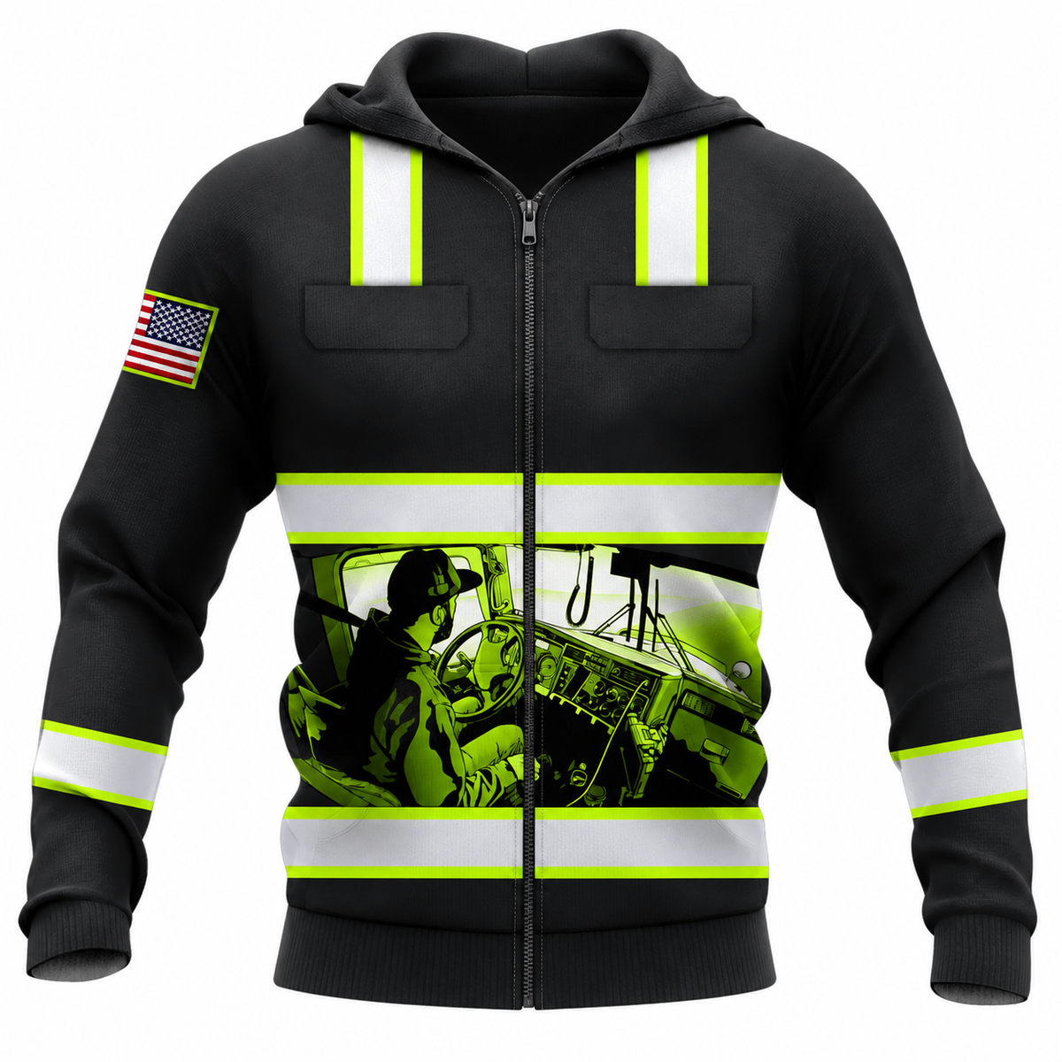 Personalized Trucker Hoodie & T-Shirt - Black And Yellow Truck Driver Print – Zip Hoodie, front view