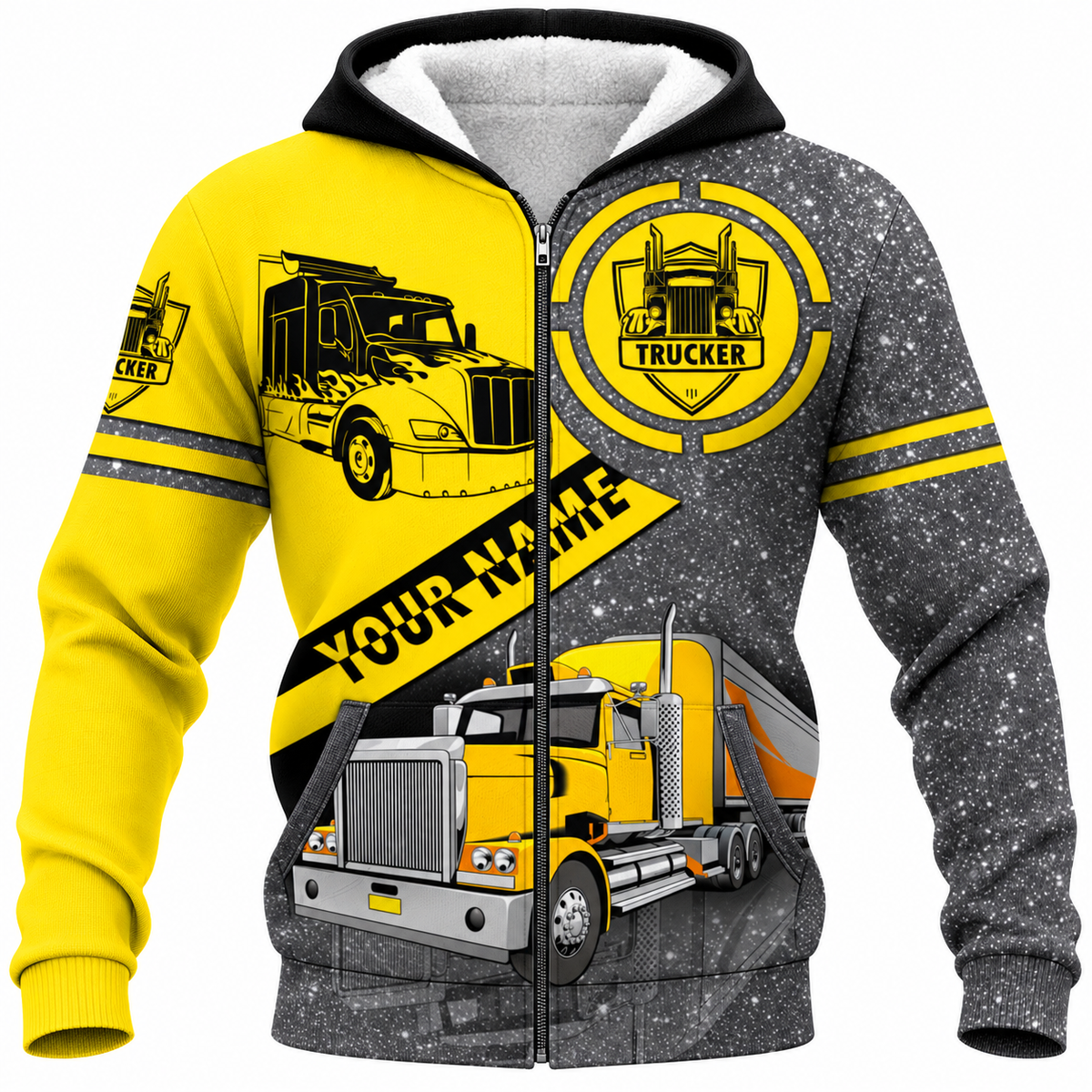 Personalized Trucker Hoodie & T-Shirt - Yellow Semi Truck Print – Fleece Zip Hoodie, front view
