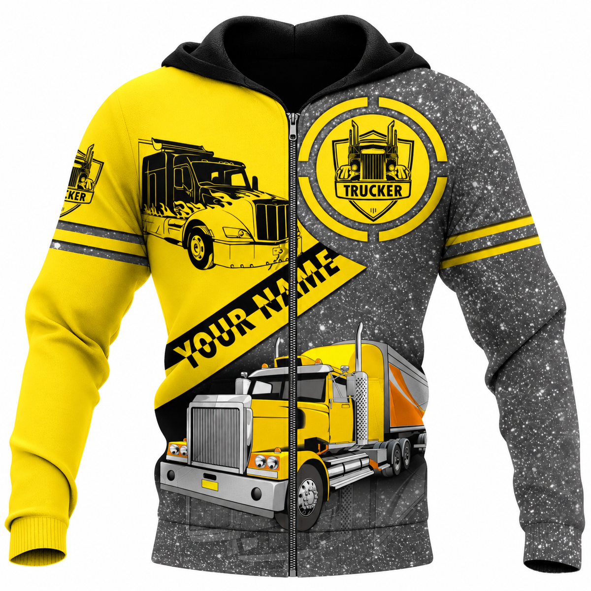 Personalized Trucker Hoodie & T-Shirt - Yellow Semi Truck Print – Zip Hoodie, front view