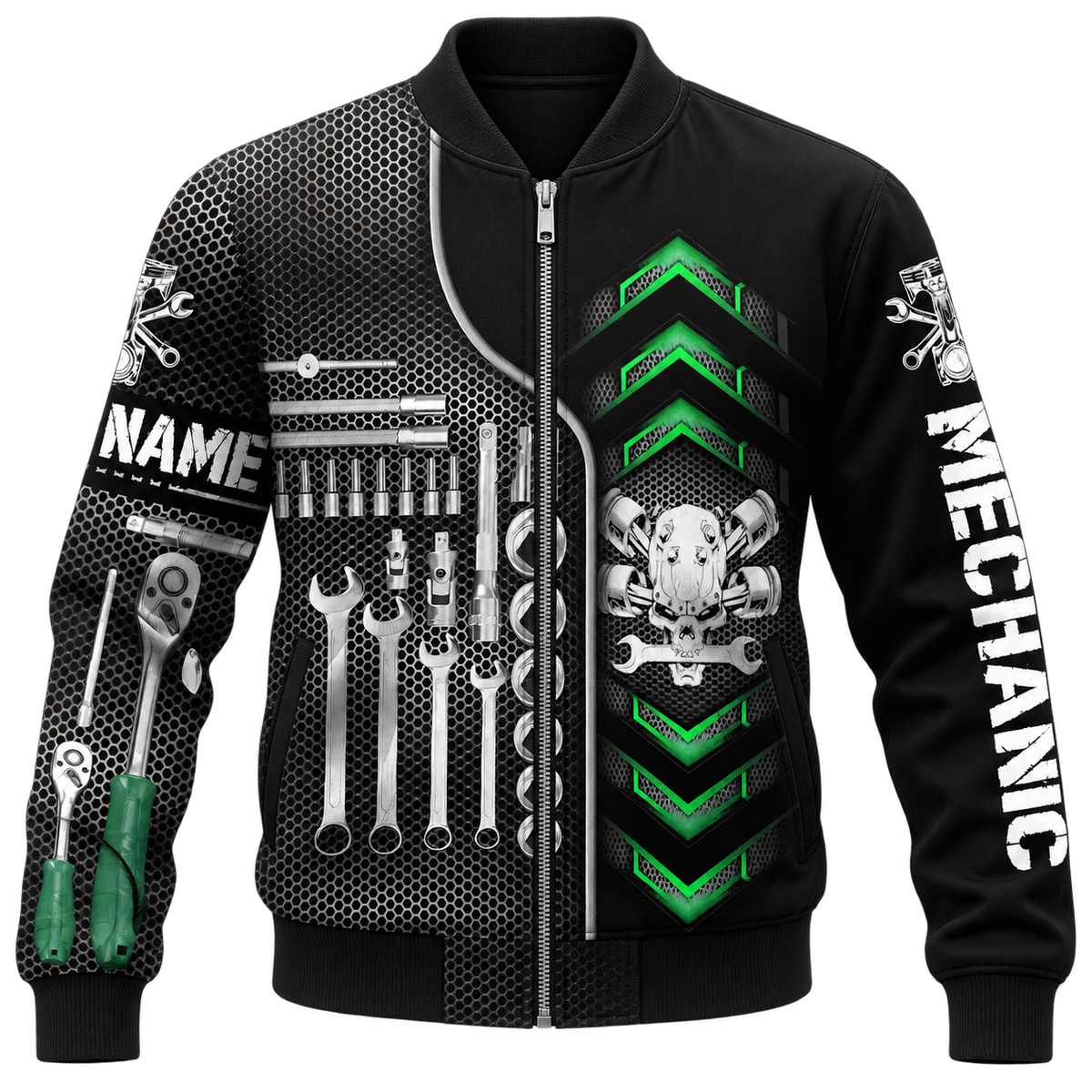 Personalized Mechanic Hoodie & T-Shirt - Skull Tool Box – Bomber Jacket, front view