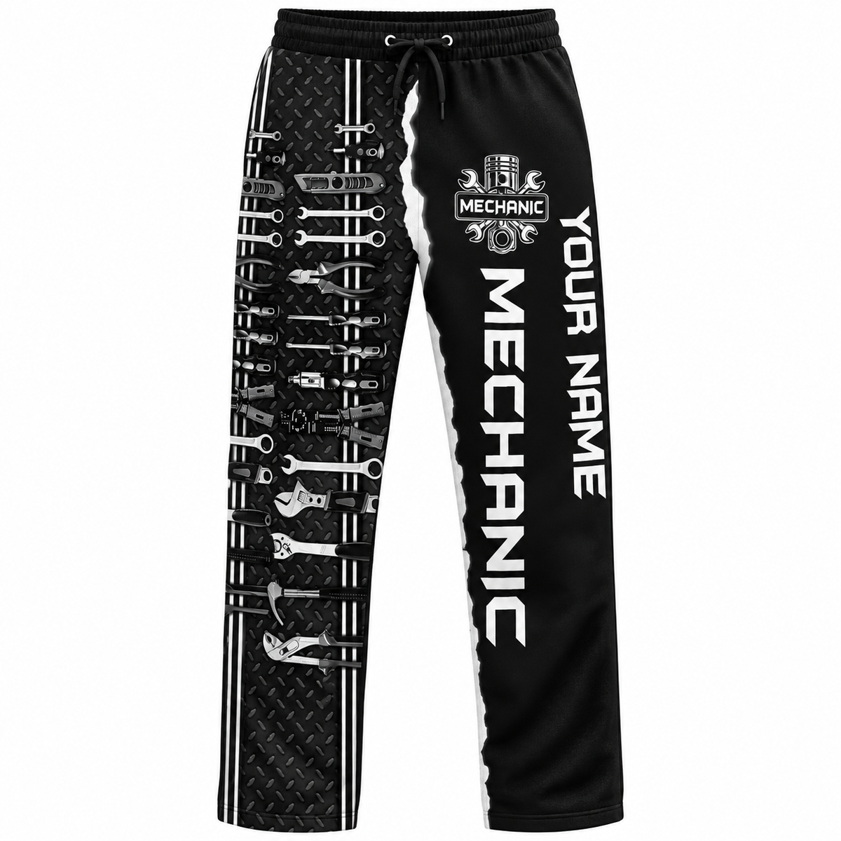 Personalized Mechanic Hoodie & T-Shirt - Black And White Wrench Print – Long Pants, front view