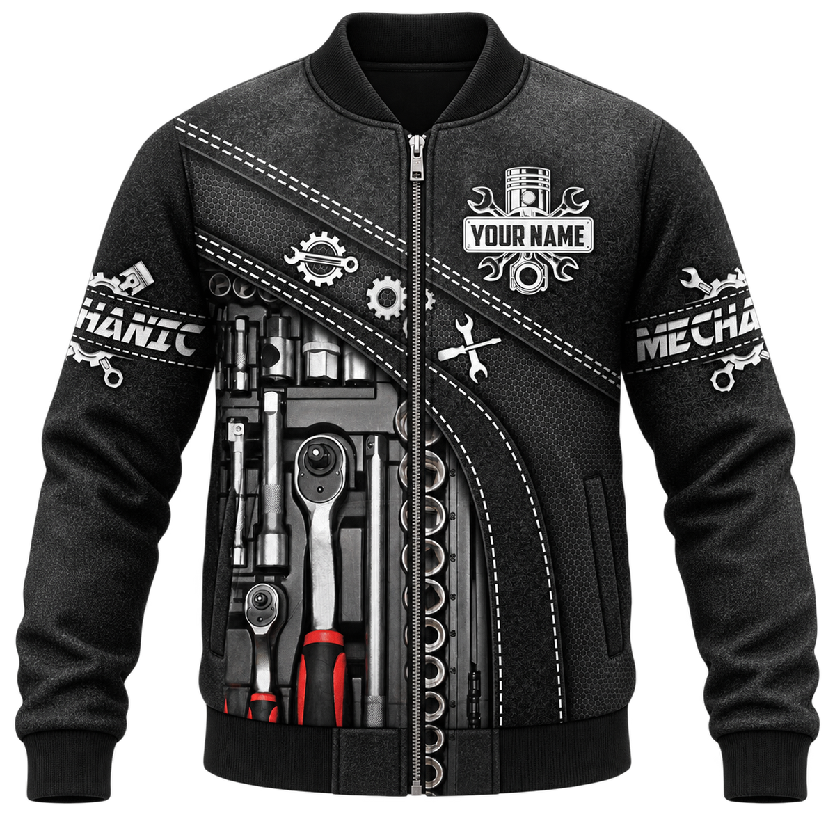 Personalized Mechanic Hoodie & T-Shirt - Black Tool Box Print – Bomber Jacket, front view