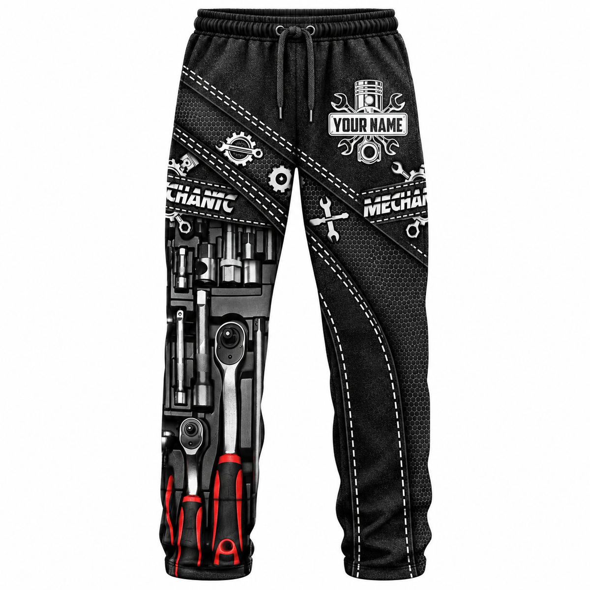 Personalized Mechanic Hoodie & T-Shirt - Black Tool Box Print – Long Pants, front view