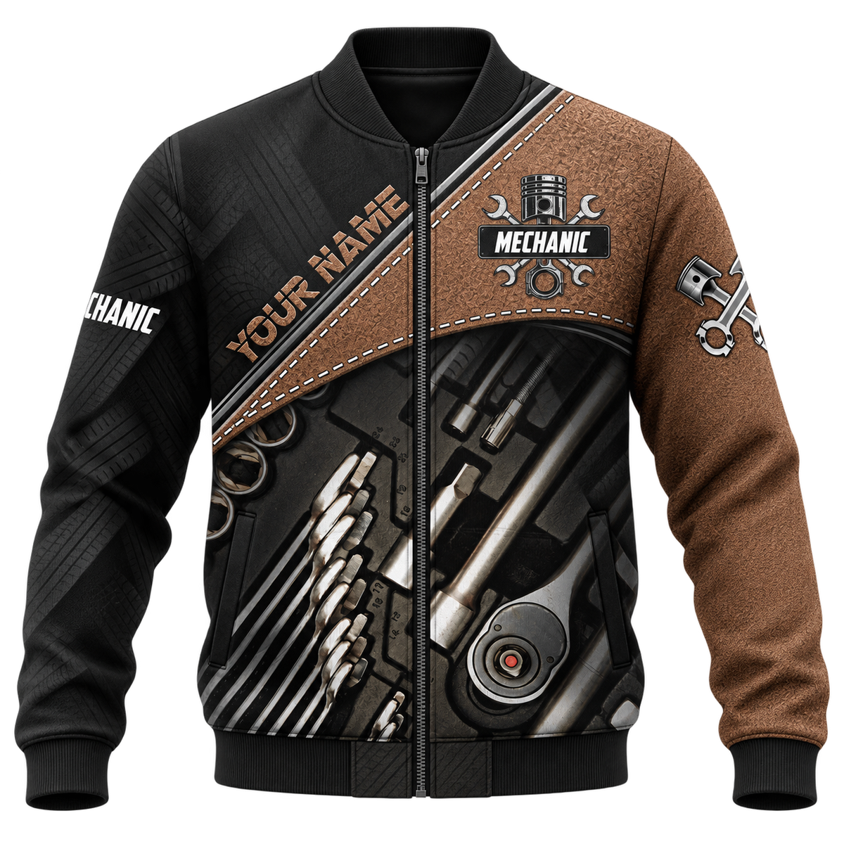 Personalized Mechanic Hoodie & T-Shirt - Brown Socket Tool Print – Bomber Jacket, front view