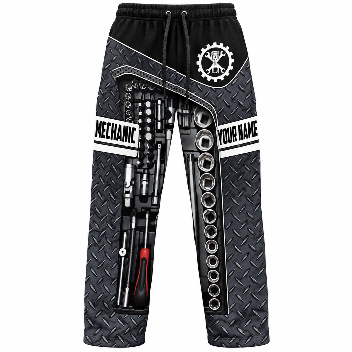 Personalized Mechanic Hoodie & T-Shirt - Diamond Plate Tool Print – Long Pants, front view