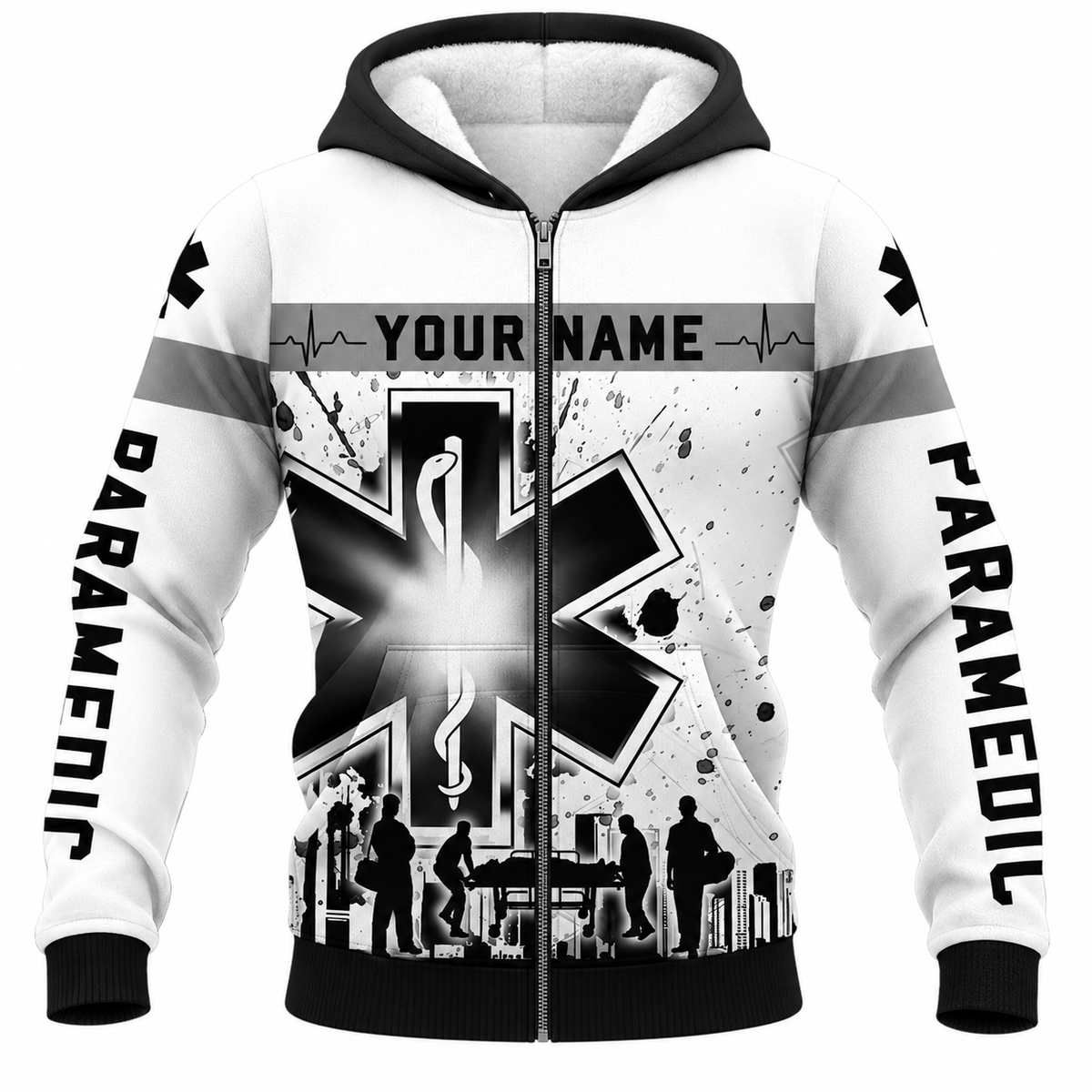 Personalized EMS Paramedic Hoodie & T-Shirt - Black And White Paramedic Print – Fleece Zip Hoodie, front view