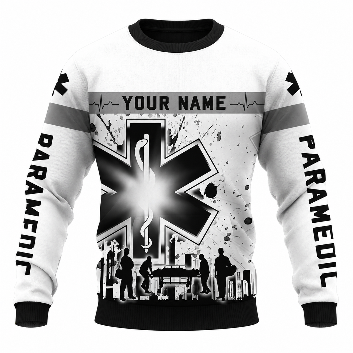 Personalized EMS Paramedic Hoodie & T-Shirt - Black And White Paramedic Print – Sweatshirt, front view