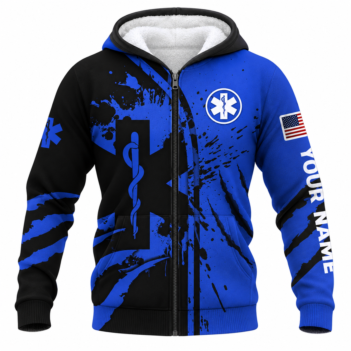 Personalized EMS Paramedic Hoodie & T-Shirt - Blue Star Of Life Splatter Print – Fleece Zip Hoodie, front view