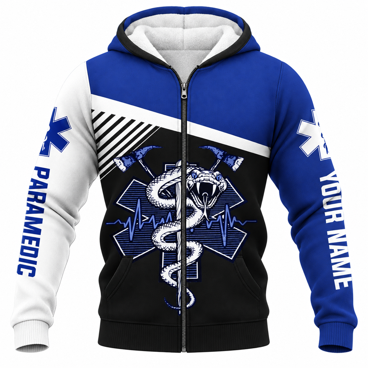 Personalized EMS Paramedic Hoodie & T-Shirt - Blue And White Snake Emblem – Fleece Zip Hoodie, front view