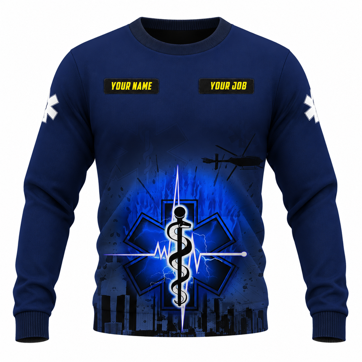Personalized EMS Paramedic Hoodie & T-Shirt - Navy Star Of Life City Print – Sweatshirt, front view