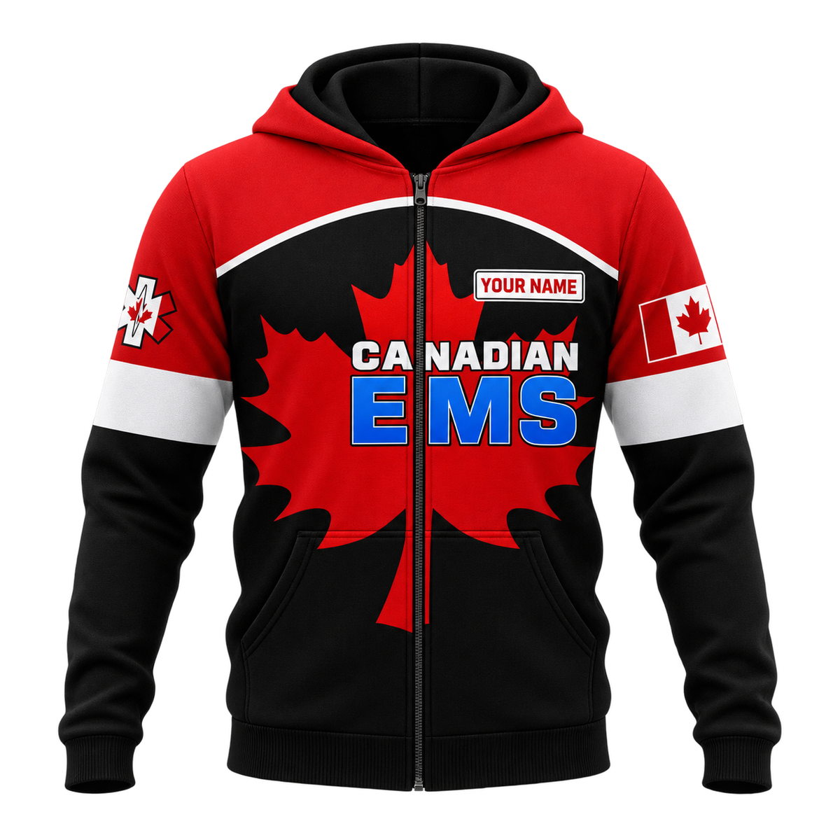 Personalized EMS Paramedic Hoodie & T-Shirt - Canadian EMS Maple Leaf – Zip Hoodie, front view