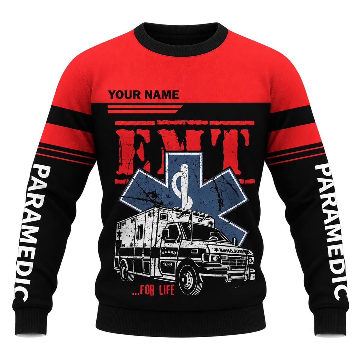 Personalized EMS Paramedic Hoodie & T-Shirt - Red EMT Ambulance Print – Sweatshirt, front view