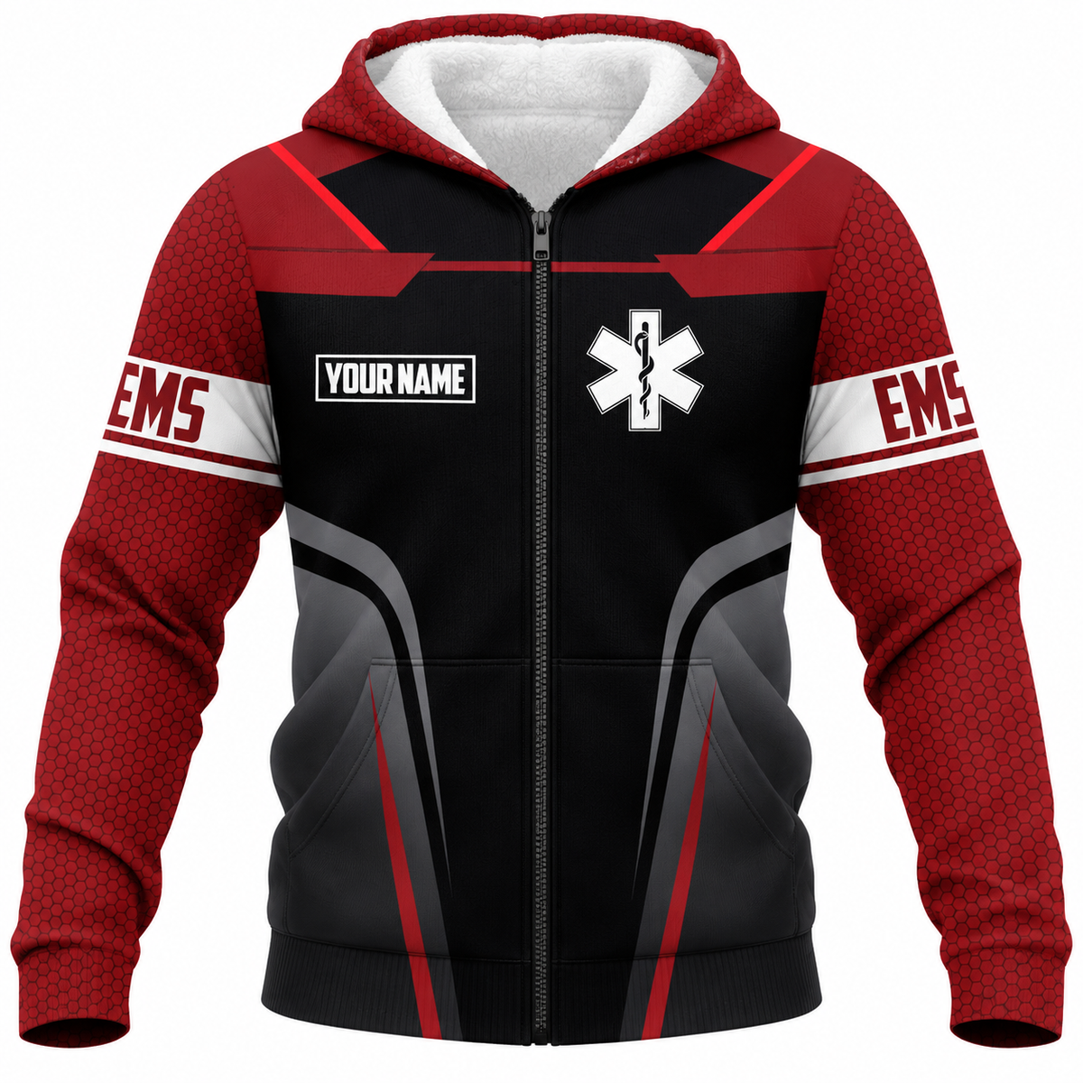 Personalized EMS Paramedic Hoodie & T-Shirt - Red And Black EMS Emblem – Fleece Zip Hoodie, front view