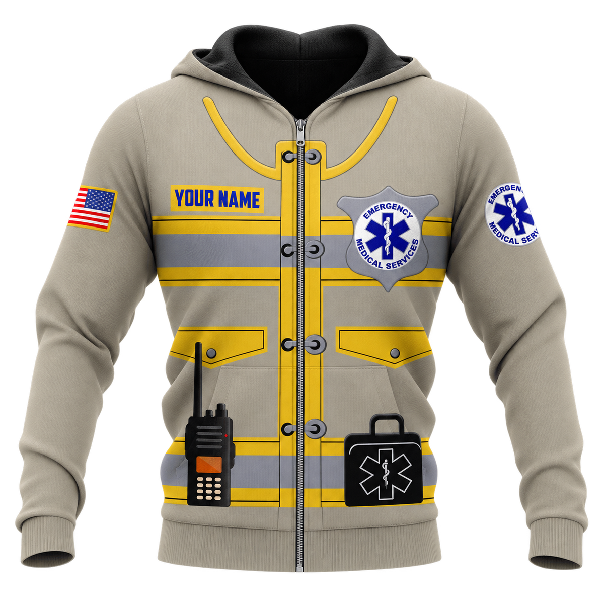 Personalized EMS Paramedic Hoodie & T-Shirt - Tan EMS Uniform Print – Zip Hoodie, front view