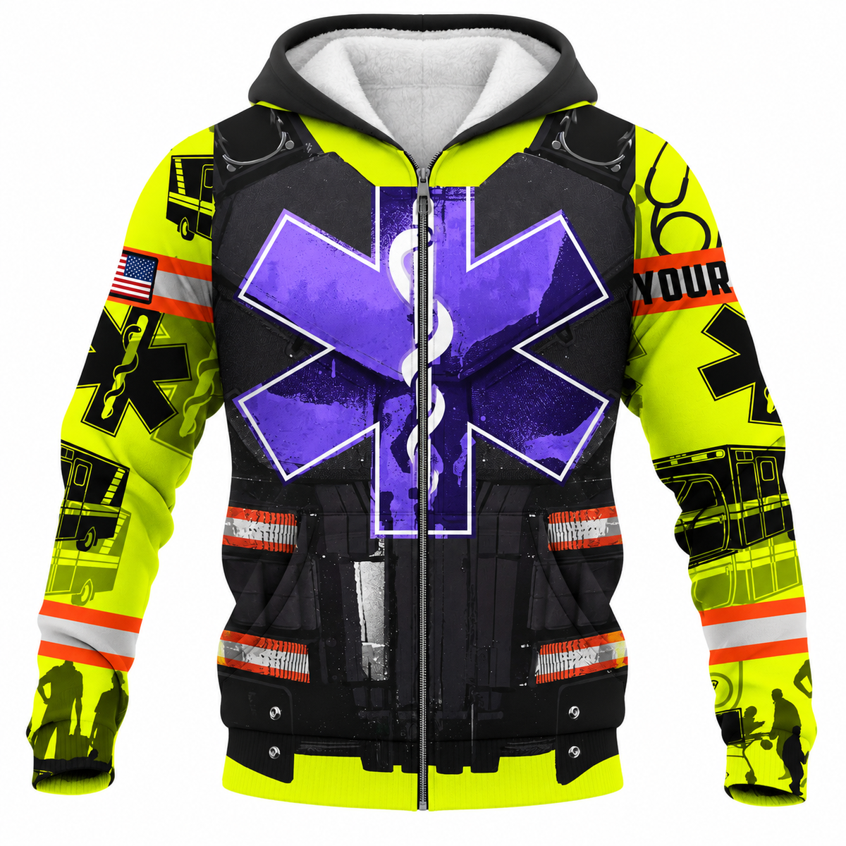Personalized EMS Paramedic Hoodie & T-Shirt - Purple Star Of Life Vest Print – Fleece Zip Hoodie, front view