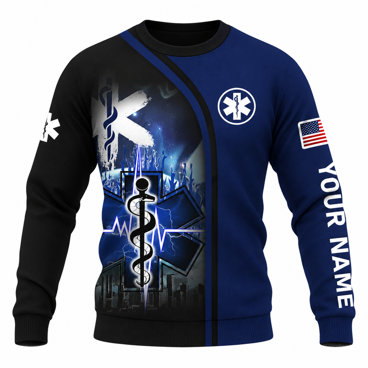 Personalized EMS Paramedic Hoodie & T-Shirt - Blue Star Of Life Cityscape – Sweatshirt, front view