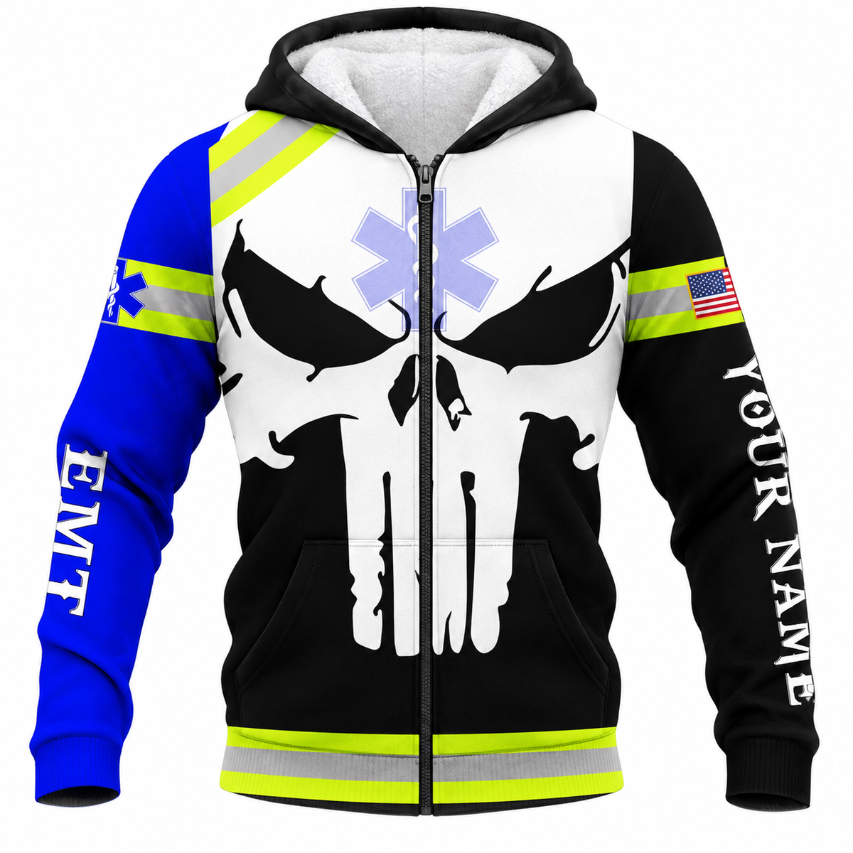 Personalized EMS Paramedic Hoodie & T-Shirt - White Skull And EMT Print – Fleece Zip Hoodie, front view