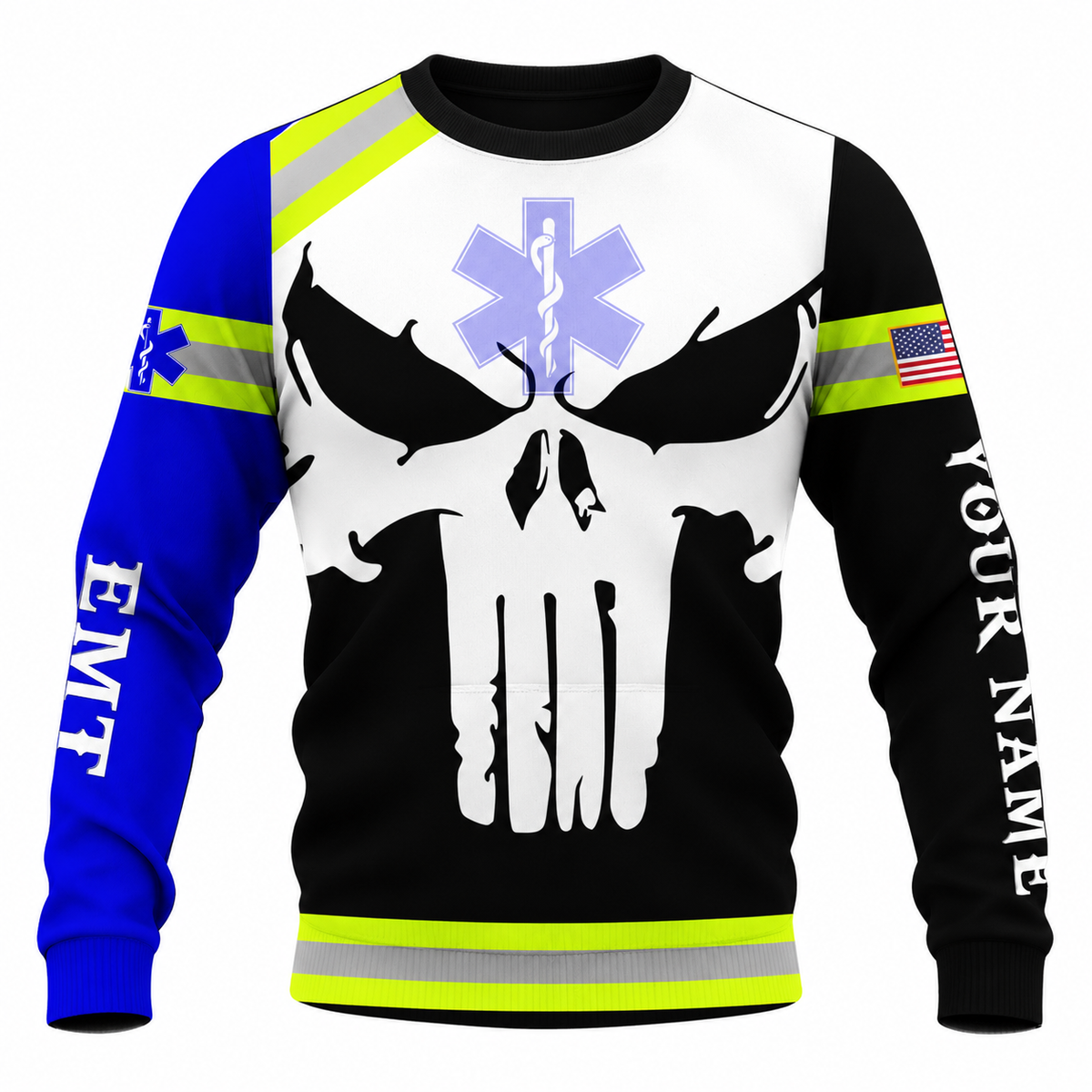 Personalized EMS Paramedic Hoodie & T-Shirt - White Skull And EMT Print – Sweatshirt, front view