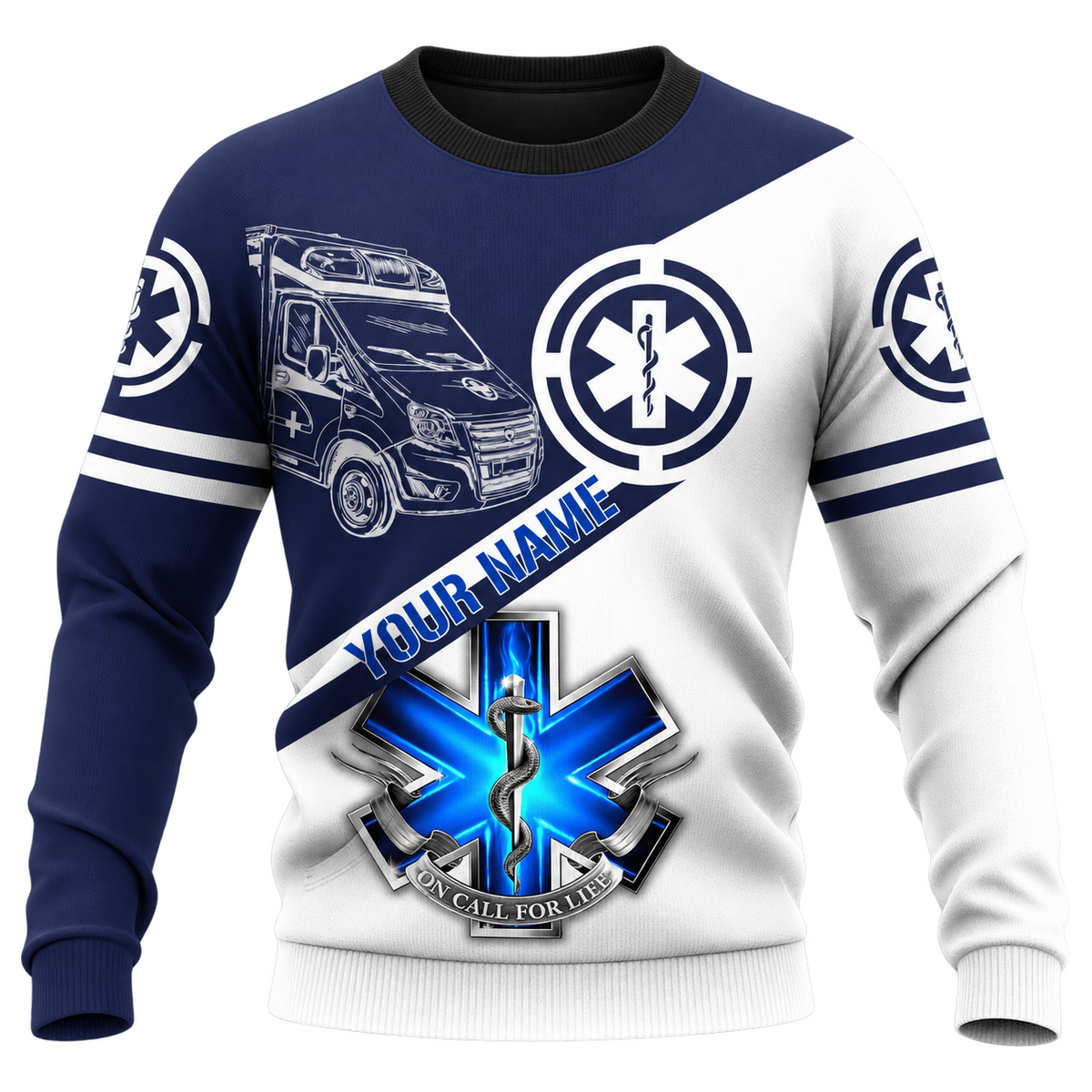 Personalized EMS Paramedic Hoodie & T-Shirt - Blue And White Ambulance Print – Sweatshirt, front view
