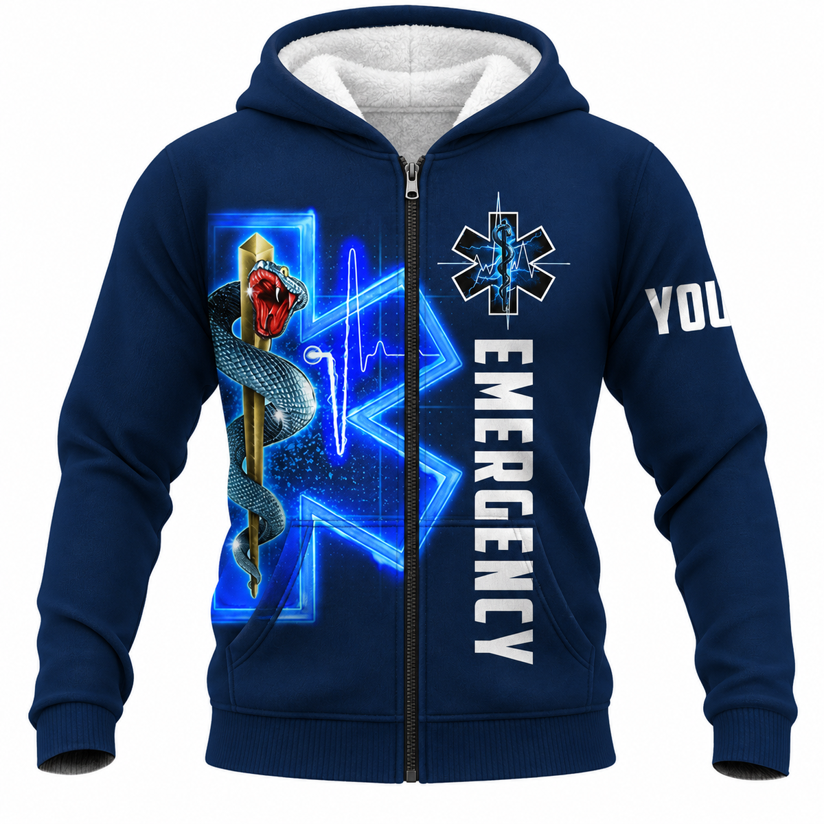 Personalized EMS Paramedic Hoodie & T-Shirt - Blue Emergency Snake Print – Fleece Zip Hoodie, front view