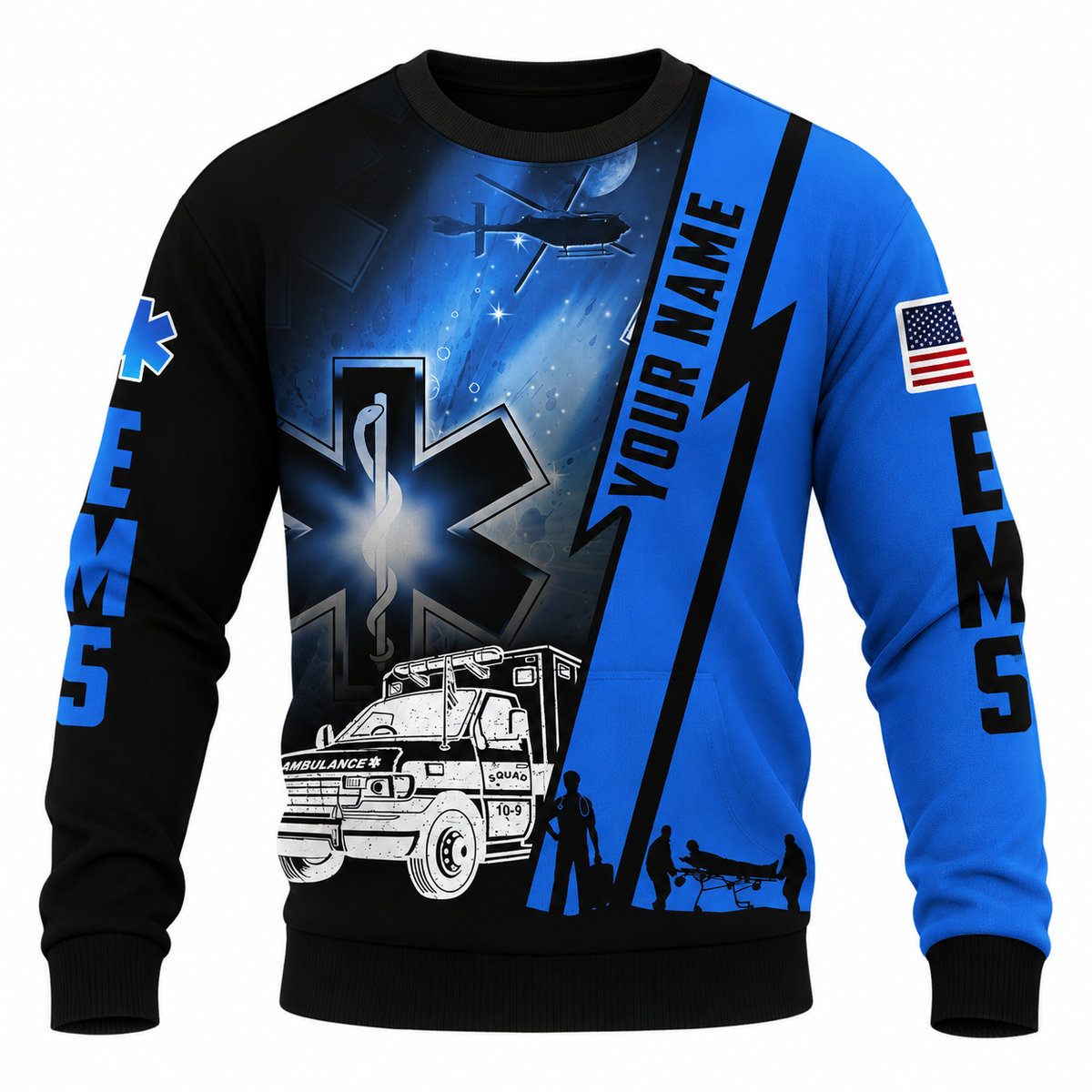 Personalized EMS Paramedic Hoodie & T-Shirt - Blue EMS Ambulance Print – Sweatshirt, front view