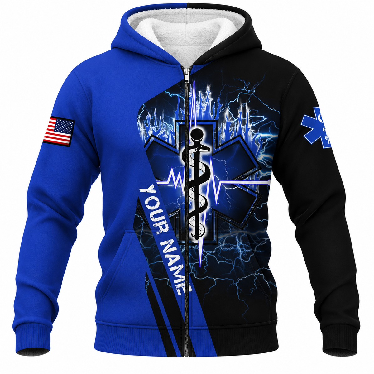 Personalized EMS Paramedic Hoodie & T-Shirt - Blue Star Of Life Lightning – Fleece Zip Hoodie, front view