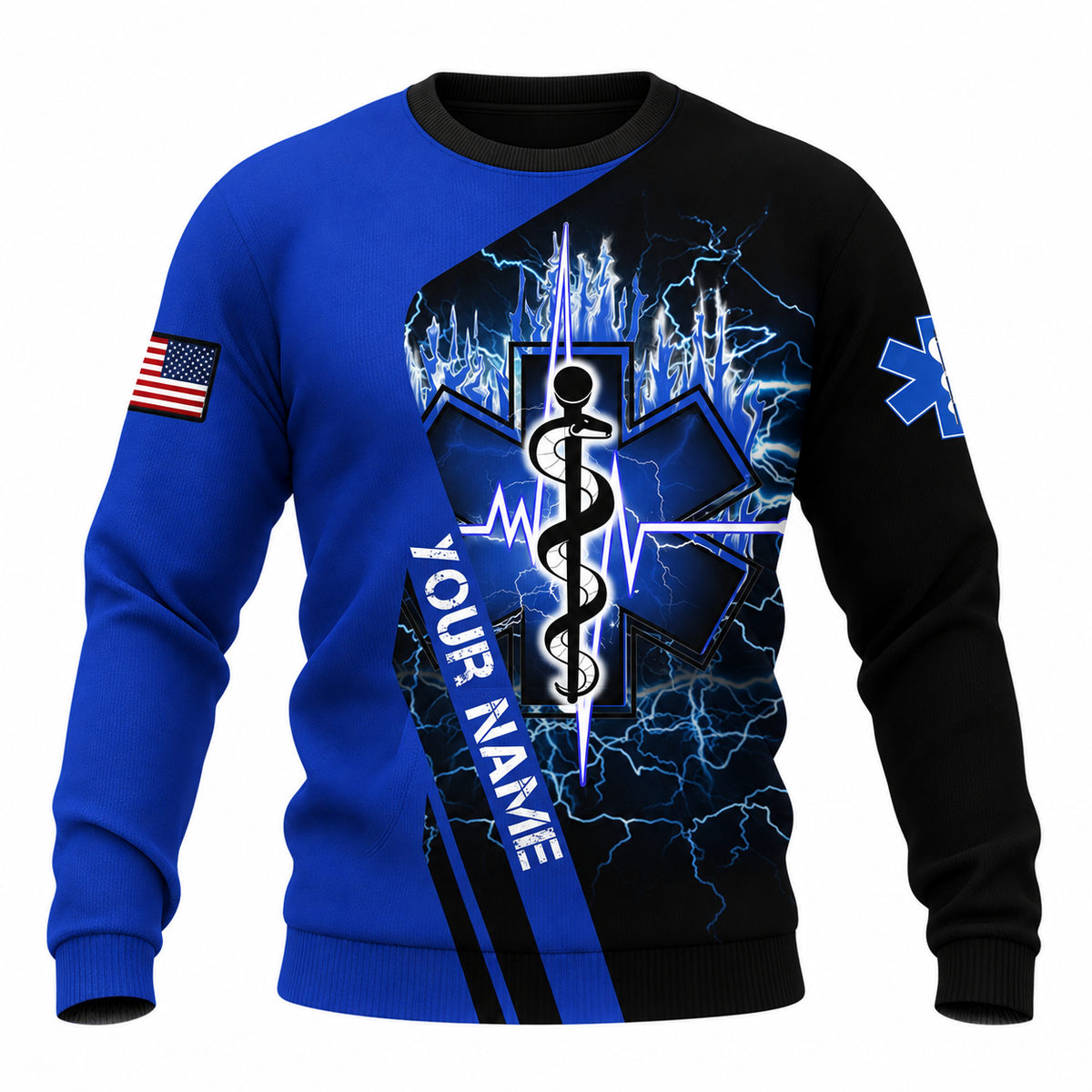 Personalized EMS Paramedic Hoodie & T-Shirt - Blue Star Of Life Lightning – Sweatshirt, front view