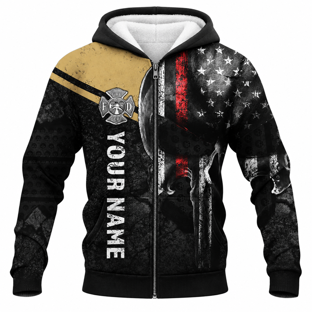Personalized Firefighter Hoodie & T-Shirt - Distressed Flag And Fire Badge – Fleece Zip Hoodie, front view