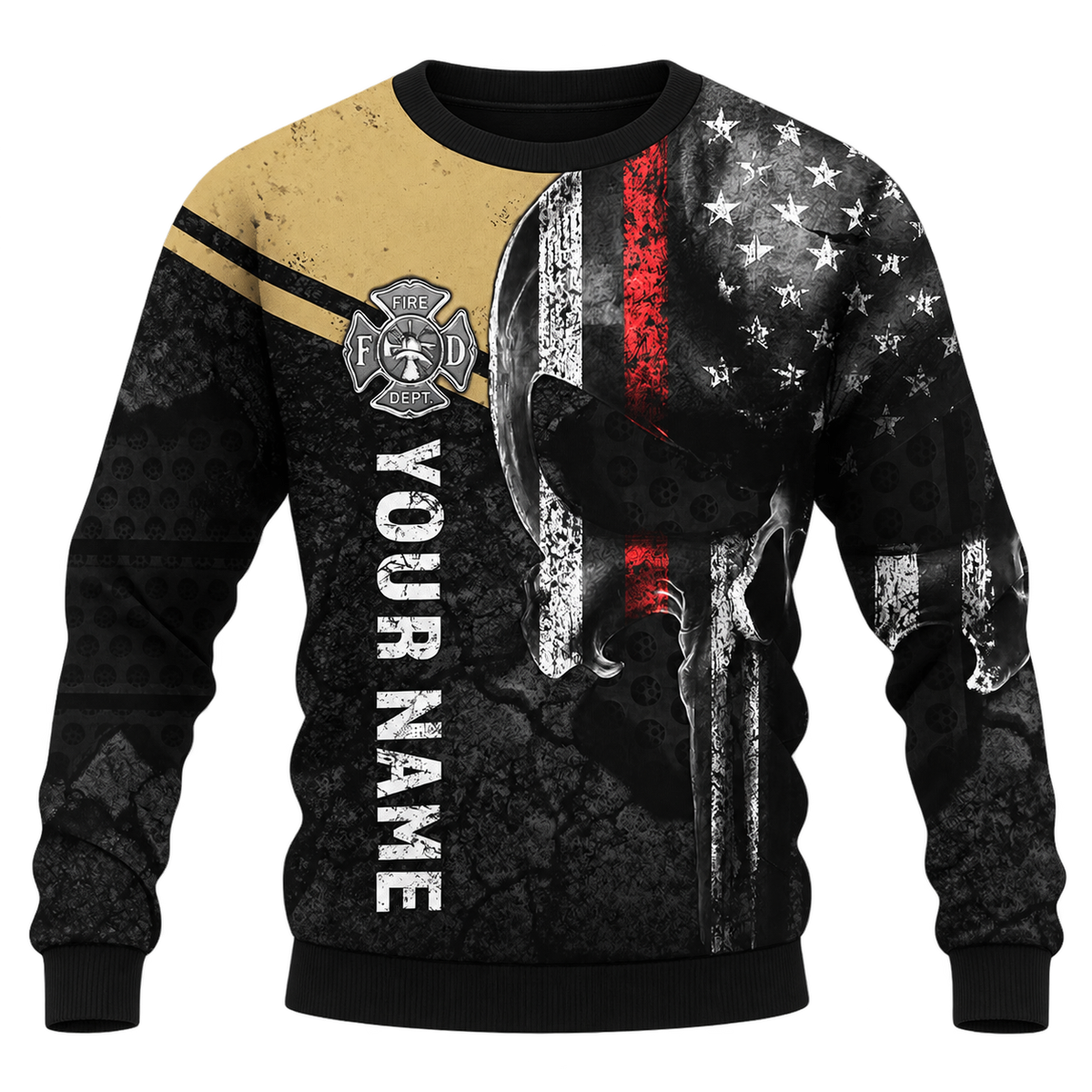Personalized Firefighter Hoodie & T-Shirt - Distressed Flag And Fire Badge – Sweatshirt, front view