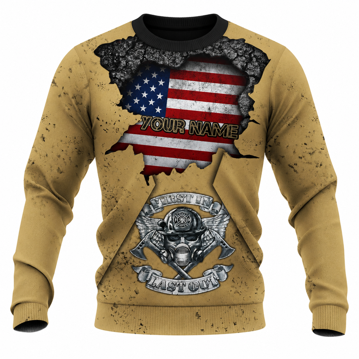 Personalized Firefighter Hoodie & T-Shirt - American Flag First In Last Out – Sweatshirt, front view