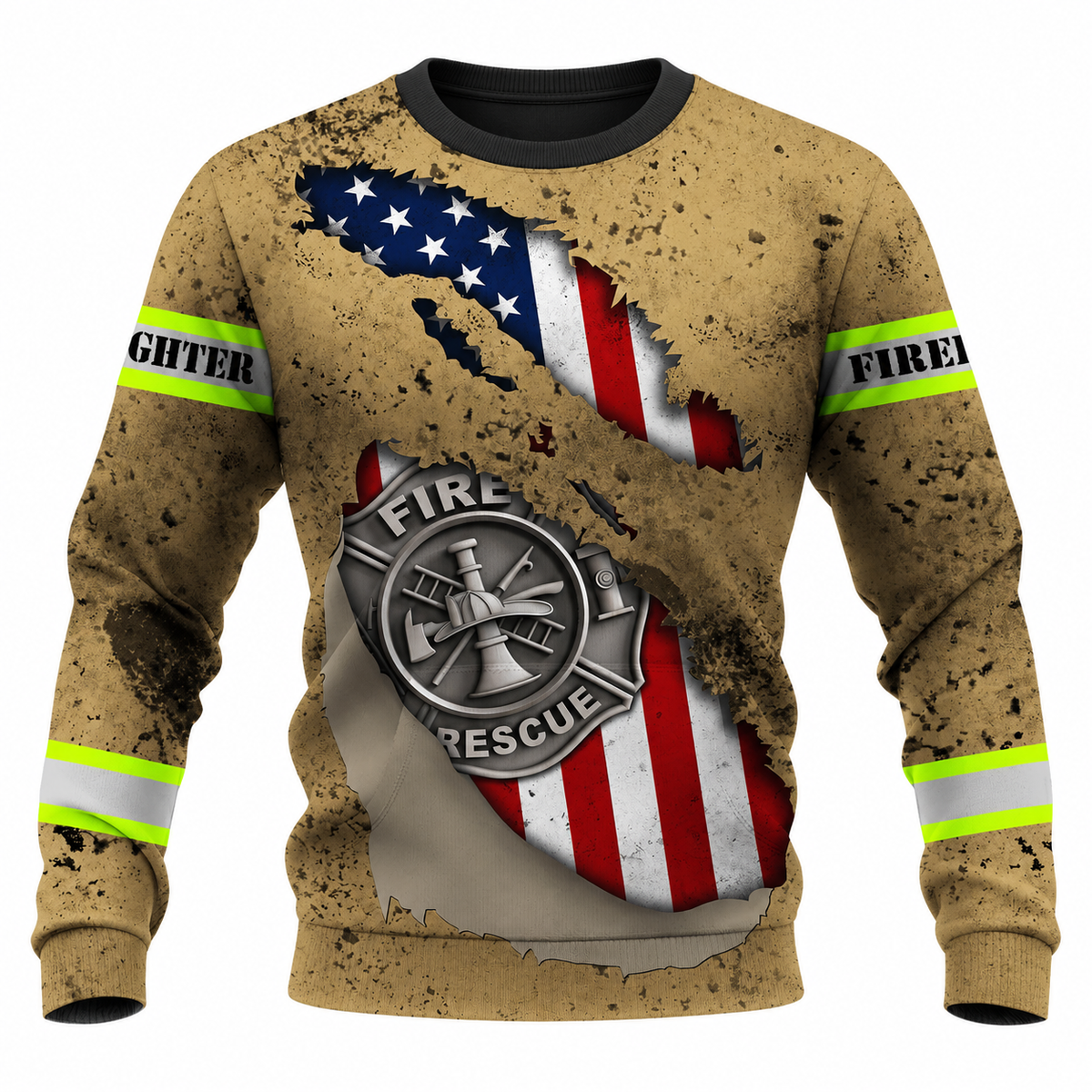 Personalized Firefighter Hoodie & T-Shirt - Tan Fire Rescue Flag Print – Sweatshirt, front view