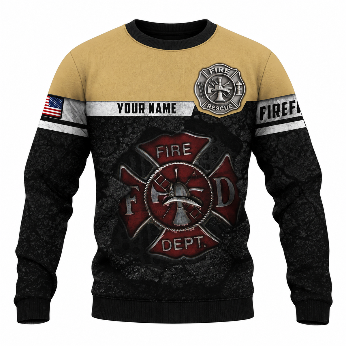 Personalized Firefighter Hoodie & T-Shirt - Tan And Black Fire Department – Sweatshirt, front view