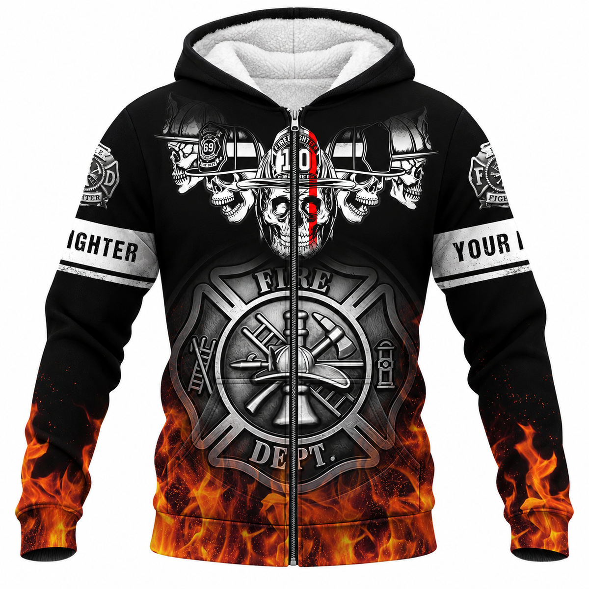 Personalized Firefighter Hoodie & T-Shirt - Black Skull And Flame Print – Fleece Zip Hoodie, front view