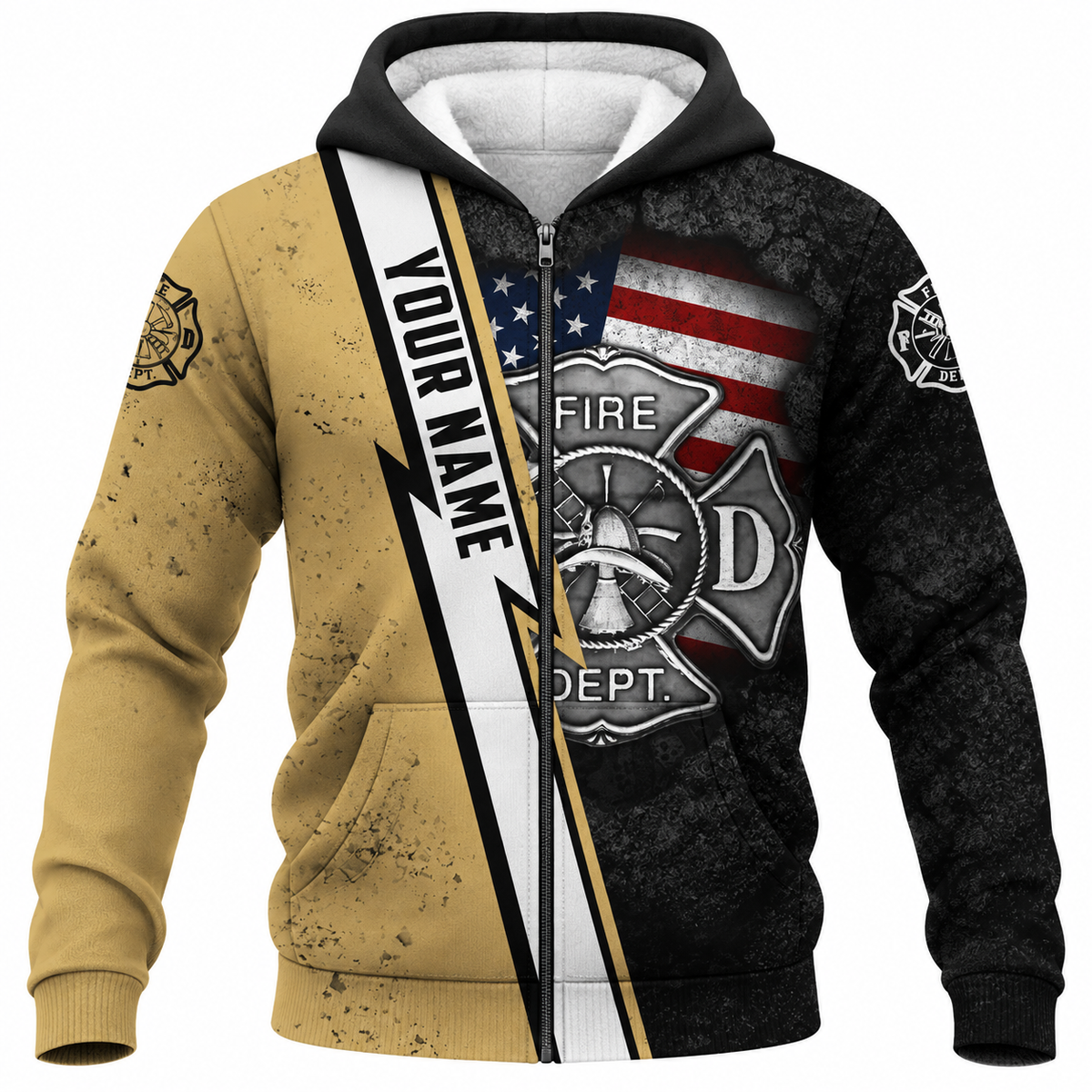 Personalized Firefighter Hoodie & T-Shirt - Fire Department Name Stripe – Fleece Zip Hoodie, front view