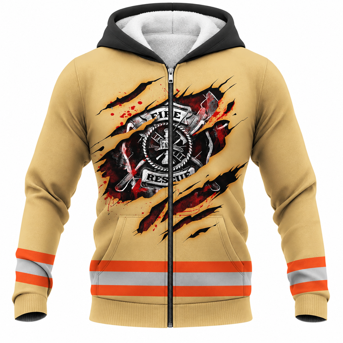 Personalized Firefighter Hoodie & T-Shirt - Orange Stripe Fire Rescue Print – Fleece Zip Hoodie, front view