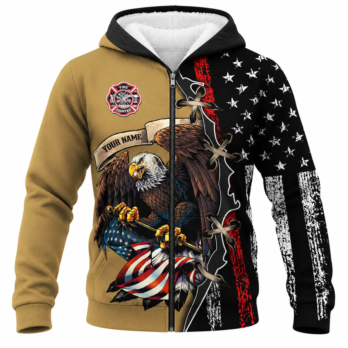 Personalized Firefighter Hoodie & T-Shirt - Eagle And Distressed Flag – Fleece Zip Hoodie, front view