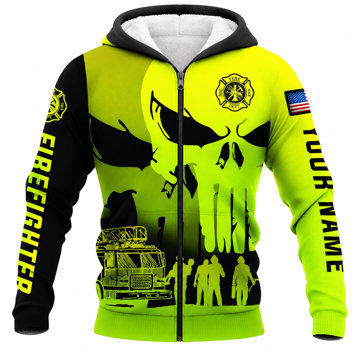 Personalized Firefighter Hoodie & T-Shirt - Neon Yellow Skull Print – Fleece Zip Hoodie, front view