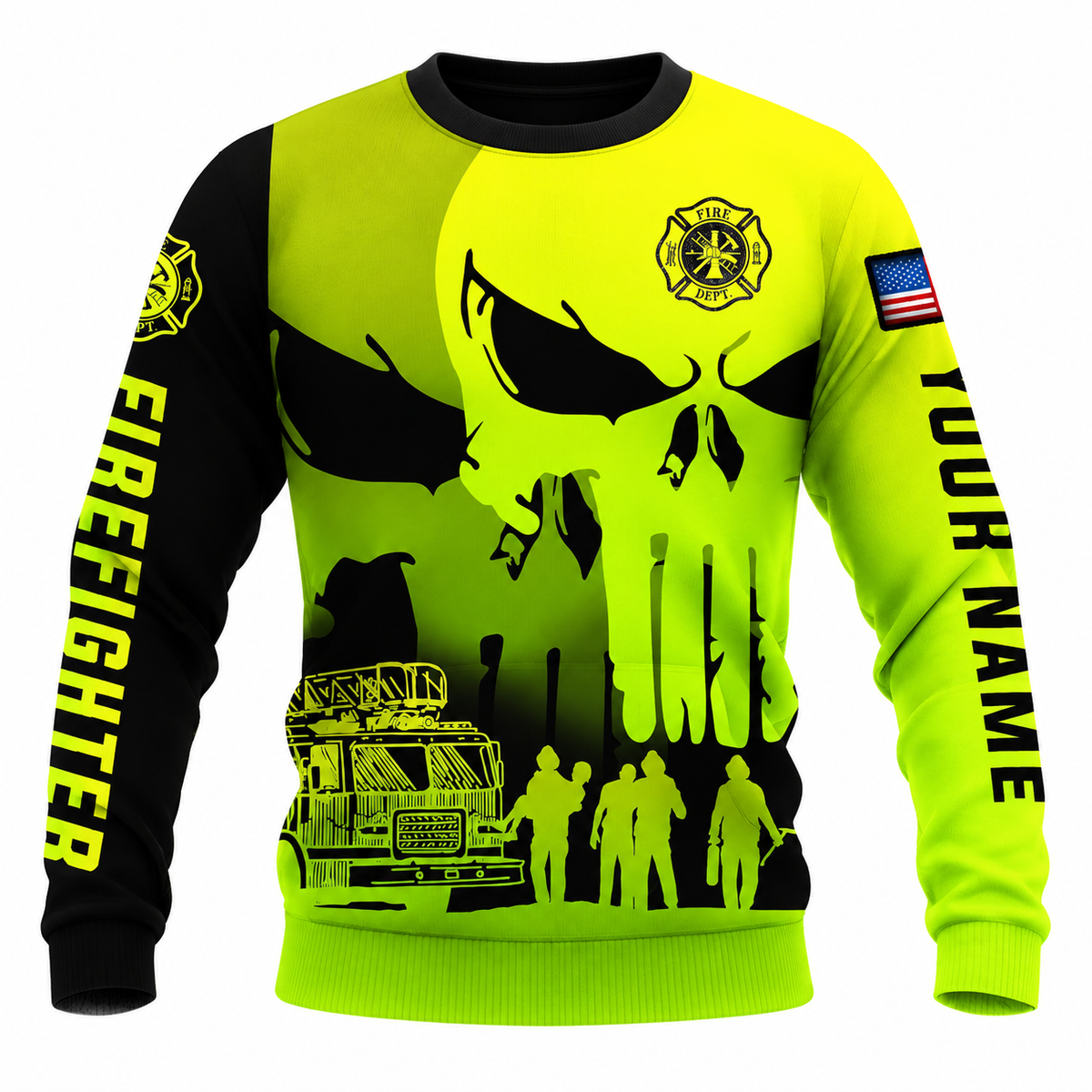 Personalized Firefighter Hoodie & T-Shirt - Neon Yellow Skull Print – Sweatshirt, front view