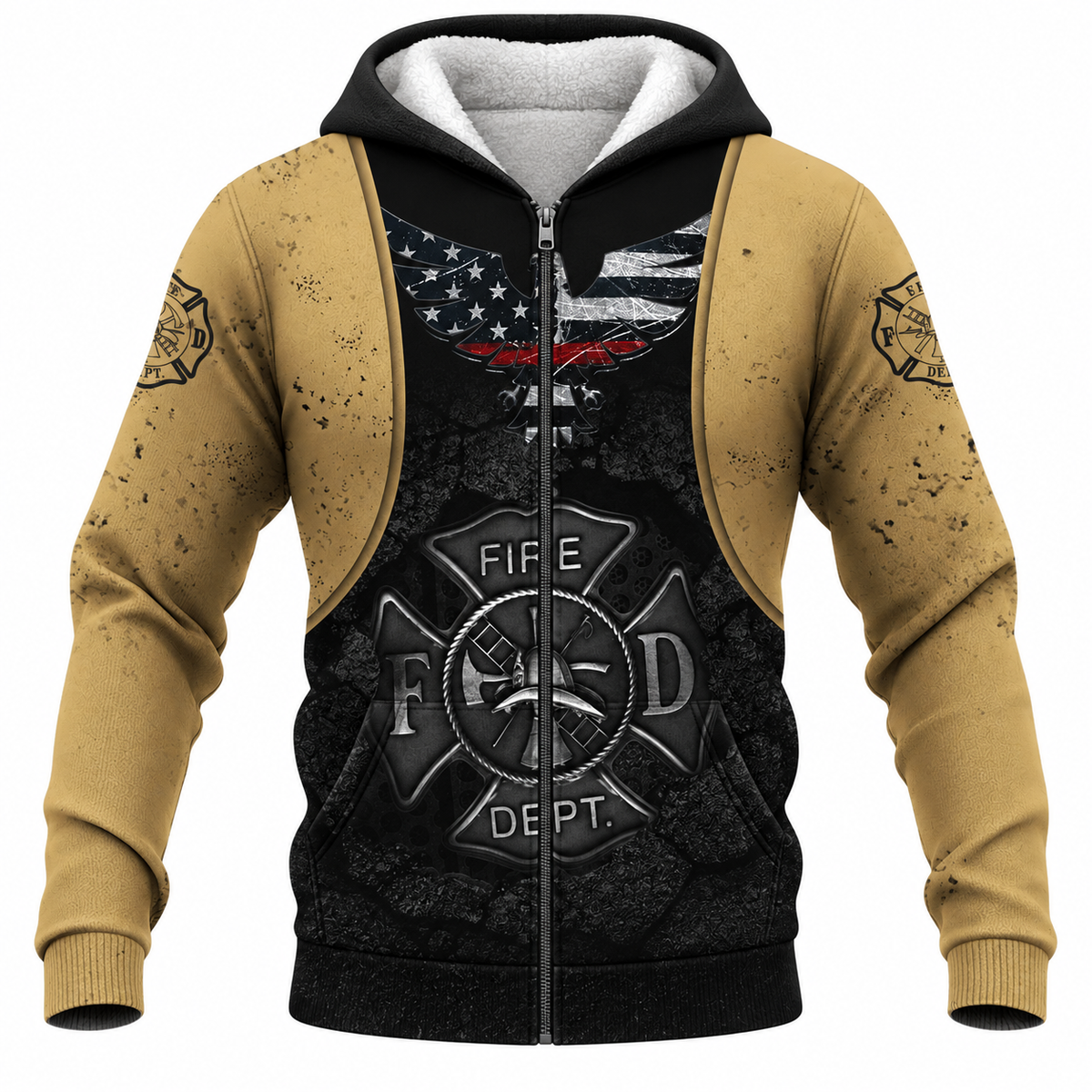 Personalized Firefighter Hoodie & T-Shirt - Tan And Black Fire Badge – Fleece Zip Hoodie, front view