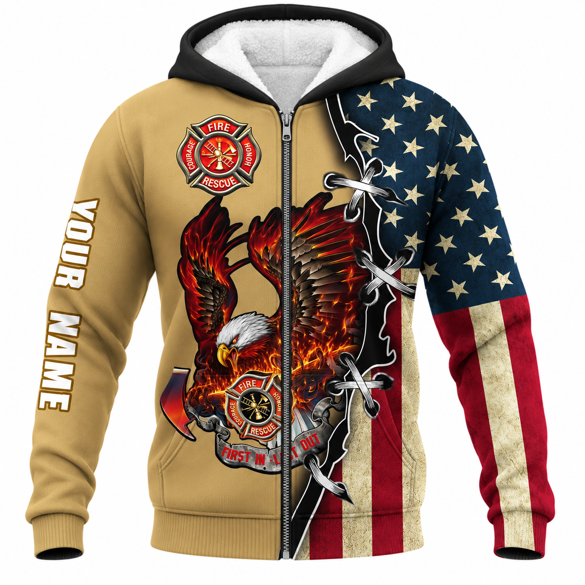 Personalized Firefighter Hoodie & T-Shirt - Flame Eagle And American Flag – Fleece Zip Hoodie, front view